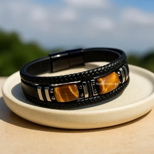 Black leather tiger eye - leather,